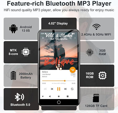 144GB MP3 Player with Bluetooth and WiFi, Android 13 OS MP3 & MP4 Players with 4" Touchscreen and Speaker, Spotify Music Players with Pandora, Audible, Amazon Music, Play Store