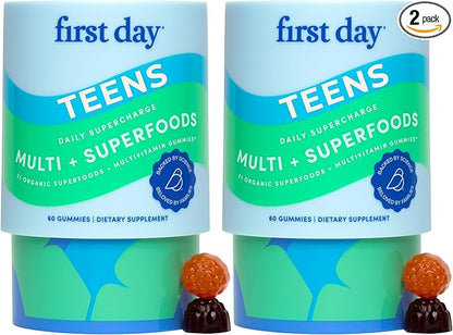 FIRST DAY Vitamins for Teens - Teen Multi Vitamins for Girls & Boys 12-17, Organic Fruit & Veggie Blend - 12 Key Nutrients: Vitamins A, B1, B2, B6, B9, B12, C, D3, E, K2-60 Day Supply