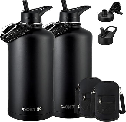 2 Pack 128 oz Insulated Water Bottle, Triple Wall Stainless Steel Flask, Keeps Drinks Cold for 48 Hrs Leak-Proof & BPA-Free Half Gallon Jug with Paracord Handle, Straw & Spout Lids(2 pack,Black)