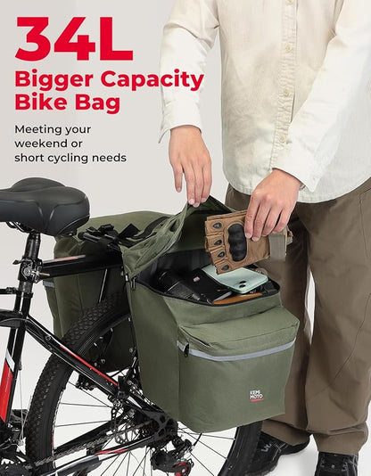 KEMIMOTO Bike Bag Panniers with Rain Cover, 34L Waterproof Bicycle Saddle Bag for Rear Rack Mountain Biking Bags Storage, Ebike Accessories for Commuter Grocery Shopping Travel Carrier, Green