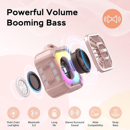 INSMY IP67 Waterproof Bluetooth Speaker, Shower Speaker Portable Small Clip-on, Multi Sync 100+ Speakers, Big Volume Booming Bass, 24H Playtime/Floatable/RGB Lights for Outdoor/Kayak/Beach(Pink)