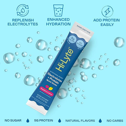 Hi-Lyte Nutritional Boost - Electrolytes + Protein Quick Sticks - Raspberry Lemon - Hydration + Whey Protein Powder Packets - 5g Protein, Electrolytes, No Sugar, Keto Friendly