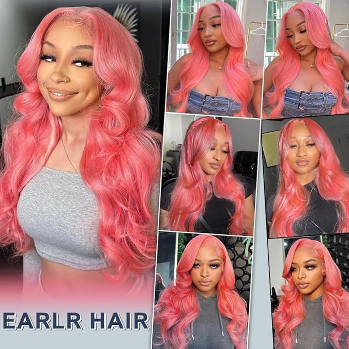 18 Inch Pink Lace Front Wig Human Hair 13x4 HD Lace Pink Body Wave Wig Human Hair Pre Plucked Colored Body Wave Wig Human Hair For Women 150% Density Strawberry Body Wave Lace Front Wig