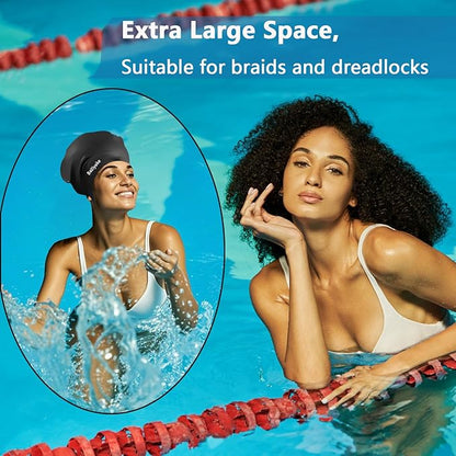 3 Pack Extra Large Swim Cap for Braids & Dreadlocks - Waterproof Silicone Swim Hat for Women with Long Thick Hair, Protective Swim Cap Cover Ears for Swimming, Shower, Bathing