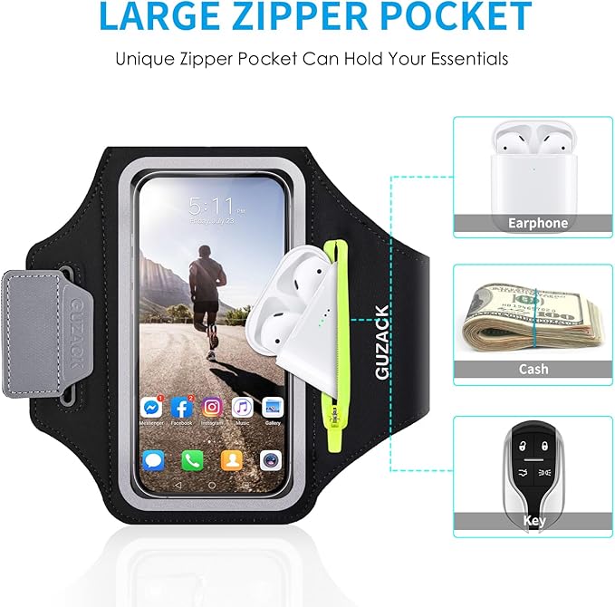 GUZACK Running Armband for iPhone 16 15 14 13 Pro Max, Galaxy S25 S24 S23 S22, with Card Slot & Key Pockets, Running Phone Holder, Fit Up to 6.9 Inches Phone - Size S (Smaller Arm 9-14 in)