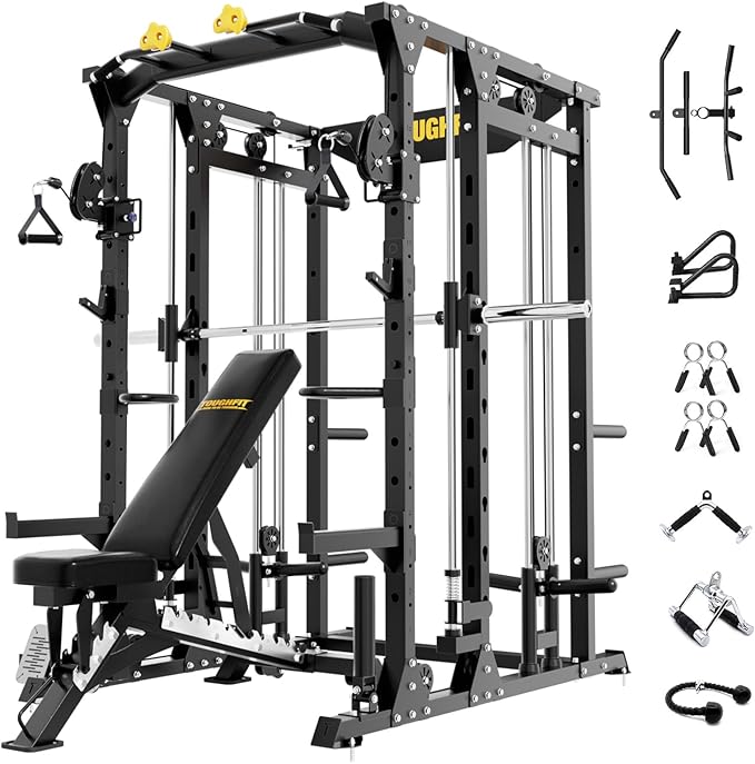 F4 Smith Machine, Power cage with Adjustable Cable Crossover System, All-in-One Squat Rack Training Equipment for Home Gym