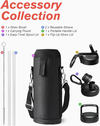 Water Bottle 40 oz Insulated with Straw&Brush, Coolflask Vaccum Stainless Steel Metal 3 Lids Water Flask for Sports, Gym or Office, Keep Cold 48H Hot 24H, Ombre Wine/Navy