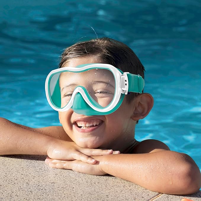 Kids Swim Goggles 180° Snorkel Diving Mask with Nose Cover, Anti-Fog Kids Swimming Goggles with Elastic Fabric Strap for Kids Boys Girls