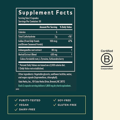 Gaia Herbs Thyroid Support - Made with Ashwagandha, Kelp, Brown Seaweed, and Schisandra to Support Healthy Metabolic Balance and Overall Well-Being - 60 Vegan Liquid Phyto-Capsules (20-Day Supply)
