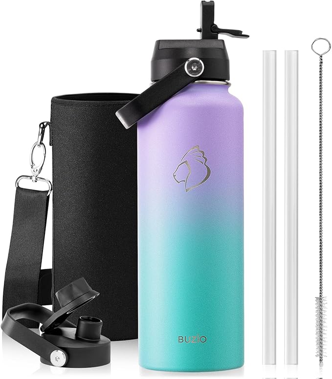BUZIO 40oz Insulated Water Bottle, Stainless Steel Double Wall Water Flask (Cold for 48 Hrs) Leak Proof Sports Bottles Jug with Straw Lid Flex Cap Metal Canteen for Gym Travel Camping,Purple Green