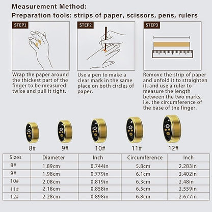 Health Fitness Tracker Ring for Women Men – Smart Ring with Heart Rate, SpO2, Blood Pressure, Sleep Monitoring with Charging Case,Remote Photography, Family Care, No Subscription Fee (Gold 11)