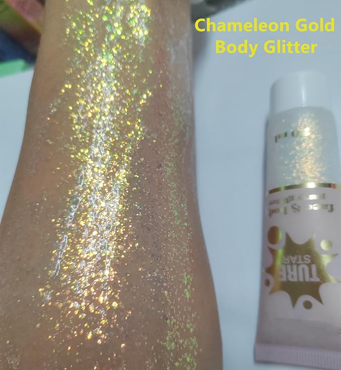 Go Ho Chameleon Gold Body Glitter Gel,Color Changing Mardi Gras Face Glitter,Holographic Fine Chunky Sequins Glitters,Reflective Sparkly Festival Rave Accessories