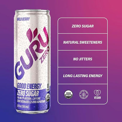 GURU ZERO SUGAR Wild Berry Organic Energy Drink with Plant Based Natural Caffeine from Green Tea, Coconut Water, Prebiotic, Zero Added Sugars, Gluten Free & Vegan, Pre Workout, 140MG Caffeine, 12 Oz (Pack of 24)