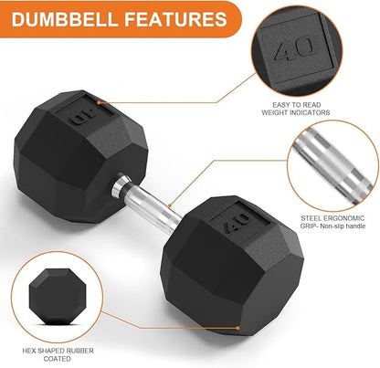 Rubber Coated Hex Dumbbell Weight Set, Multiple Sizes Exercise & Fitness Dumbbells,100LB Set,110LB Set,200LB,350LB,450LB,550LB, 35-50Lbs Pairs for Muscle Toning, Strength Building & Full Body Workout