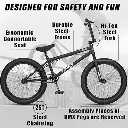 Freestyle BMX Bike, 20 Inch Yaphet Bicycle for Teen Beginner and Adult Riders, Bike with Hi-Ten Steel Frame, Multiple Colors