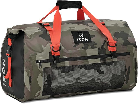 BORLENI Waterproof Motorcycle Dry Duffel Bag Luggage Tail Bag with Large Storage Space,Roll Top Closure, Shoulder Straps, Inner Pocket and Mesh Pocket for Motorcycling Travel Camping(Camouflage,70L)