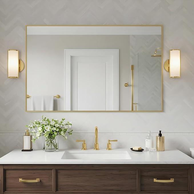 20x40 Inch Brass Bathroom Mirror for Wall, Aluminum Frame Rectangle Rectangular Vanity Mirror, Modern Large for Bedroom, Living Room, Horizontal or Vertical