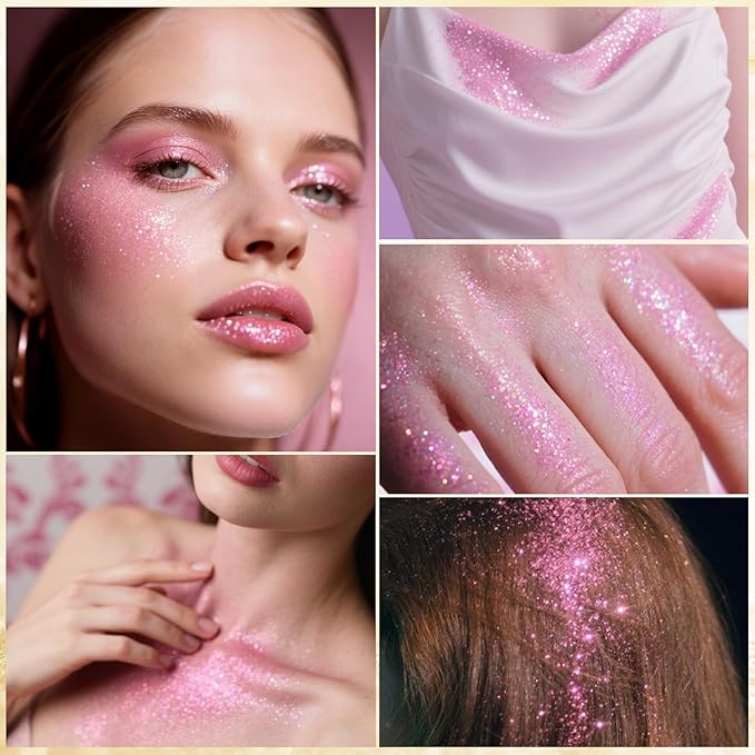 Holographic Body Glitter Spray - Shimmering Hair, Face & Body Sparkle for Festivals, Clothes, Nail Art Crafts Design & Special Events Makeup (Light Pink)
