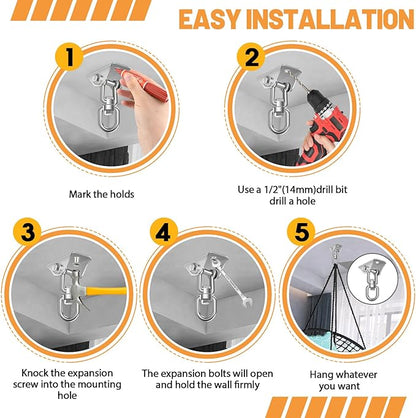 Hammock Hanging Kit, Porch Swing Hanging Kit 1200 Lb Capacity, Hammock Ceiling Hooks Heavy Duty 360°Rotating Hanging Swing Chair Hardware for Hammock Chair Stand, Porch, Yoga, Gym, Silver