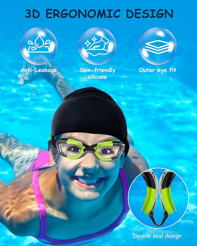 Kids Swim Goggles, Swimming Goggles for Kids Toddlers 3-14 with Swim Cap, Nose Clip, Nose Bridge, Ear Plugs