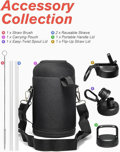 Half Gallon Water Bottle Insulated with Straw & 3 Lids, Coolflask 64 oz Water Jug Large Metal Stainless Steel Wide Mouth for Sports, Gym or Office, Non-BPA Keep Cold 48H Hot 24H, Ombre Green