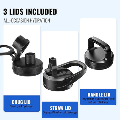 40oz Insulated Water Bottle with Straw, Stainless Steel Metal Vacuum Water Flask, Large Thermal Water bottle with Leakproof 3 Lids for Travel, Camping, Gym Sports Black