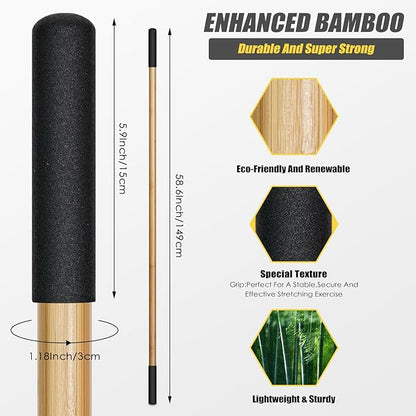 Bamboo Stretch Yoga Stick, 5ft/149 cm, Flexibility Stick for Physical Therapy, Premium Yoga Dowel with Super Sturdy Rubber Handle Ends, Exercise Bar for Posture Corrector