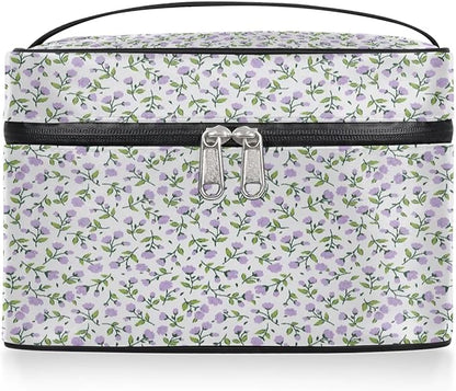 Large Makeup Bag Travel Cosmetic Bags for Women Purple Vintage Bohemian Spring Flower Floral Makeup Organizer Case Toiletry Bag for Girls Traveling Wide Open Portable Pouch with Handle