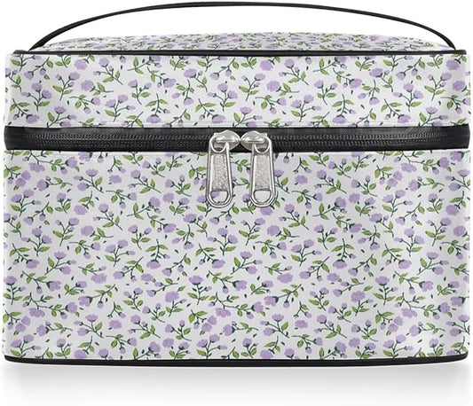 Large Makeup Bag Travel Cosmetic Bags for Women Purple Vintage Bohemian Spring Flower Floral Makeup Organizer Case Toiletry Bag for Girls Traveling Wide Open Portable Pouch with Handle