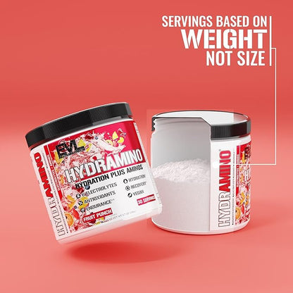 Evlution Nutrition HYDRAMINO Complete Hydration Multiplier, All 6 Electrolytes, Vitamin C & B, Fluid Boosting Aminos, Coconut Water, Endurance, Recovery, Antioxidants, 30 Serve, Fruit Punch