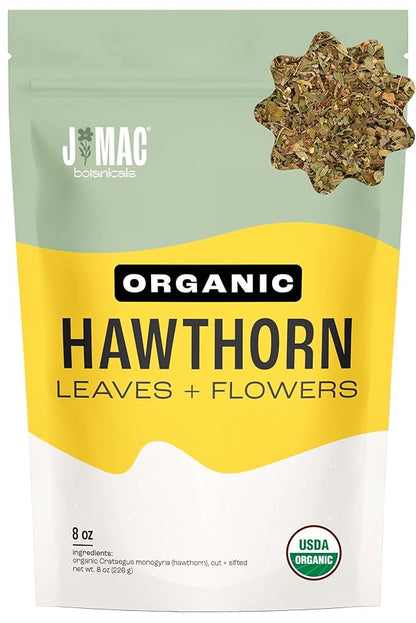 J MAC BOTANICALS Organic Hawthorn Leaves and Flower (8 oz) Dried Hawthorne leaf tea