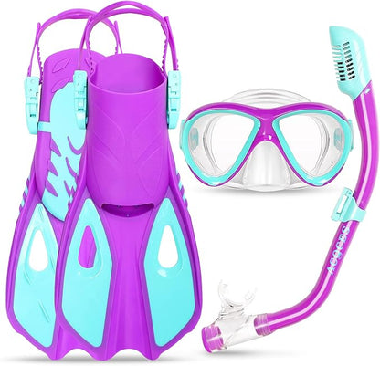 Kids Mask Fins Snorkel Set, Dry Top Snorkeling Gear for Kids Youth Boys Girls Junior Age 5-15 Tempered Glass Snorkel Mask Set Panoramic View Snorkeling Packages