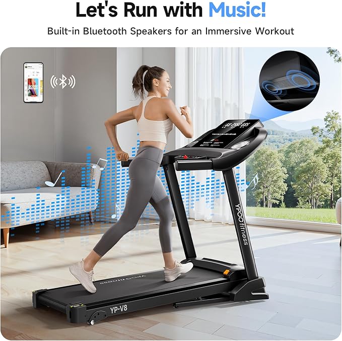 Treadmills for Home with Incline, Auto Foldable Running Treadmills, 8.0 MPH Walking Pad Treadmill with Bluetooth, 300 lbs Weight Capacity Quiet