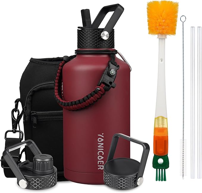 Insulated Water Bottle 64oz,Triple Wall Vacuum Stainless Steel(Dishwasher Safe),Leak Proof & Non-BPA,Flask Jug with Paracord Handle & Straw Spout Lids Sports