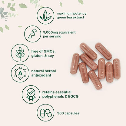 Extra Strength Green Tea Extract 9,000mg, 300 Capsules | 50% EGCG, 98% Polyphenols | 5 Month Supply | Maximum Potency Polyphenols Antioxidant Supplement for Skin, Energy, Brain & Heart Support