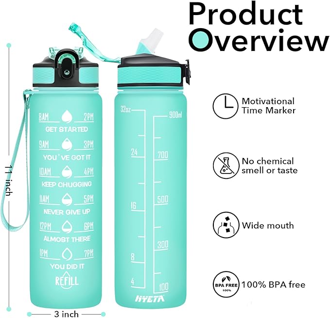 Hyeta 32 oz Water Bottles with Times to Drink and Straw, Motivational Water Bottle with Time Marker, Leakproof, Drinking Sports Water Bottle for Fitness, Gym and Outdoor