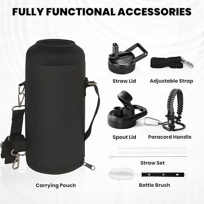 Insulated Water Bottle 87 oz, Triple Wall Vacuum Stainless Steel (Cold for 48 Hrs), Leak Proof & Non-BPA, Modern Water Flask Jug with Paracord Handle & Straw Spout Lids, Dark Grey