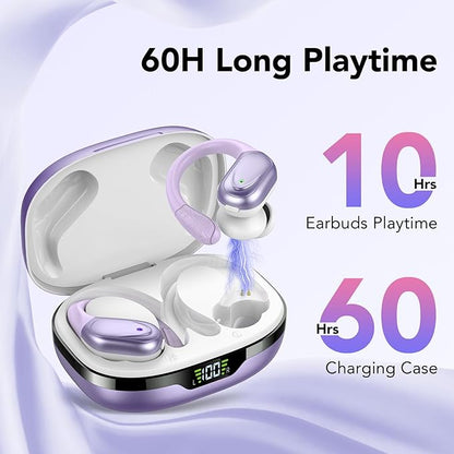 Ear buds Wireless Earbuds Bluetooth 5.3 Headphones 60hrs Playtime with Digital Display Sports Wireless Headphones with Earhook Deep Bass IPX7 Waterproof Over-Ear Earbuds for Android iOS Workout Purple