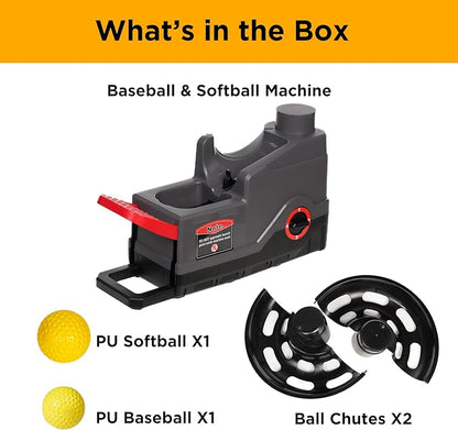 Furlihong 691BH Baseball Softball Toss Machine, Foot-Operated, No Power Needed, 4 Adjustable Gears, Includes 2 Ball Chutes, 1 PU Baseball & 1 PU Softball