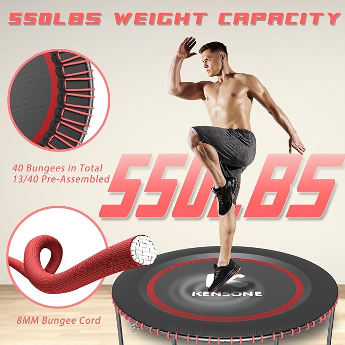 40/48" Low-Impact Rebounder Trampoline for Adults with Bungee, 450/550LBS Quiet Mini Exercise Trampoline with Adjustable U/T-Shaped Foam Handle Bar, Fitness Equipment for Indoor/Gym Workout