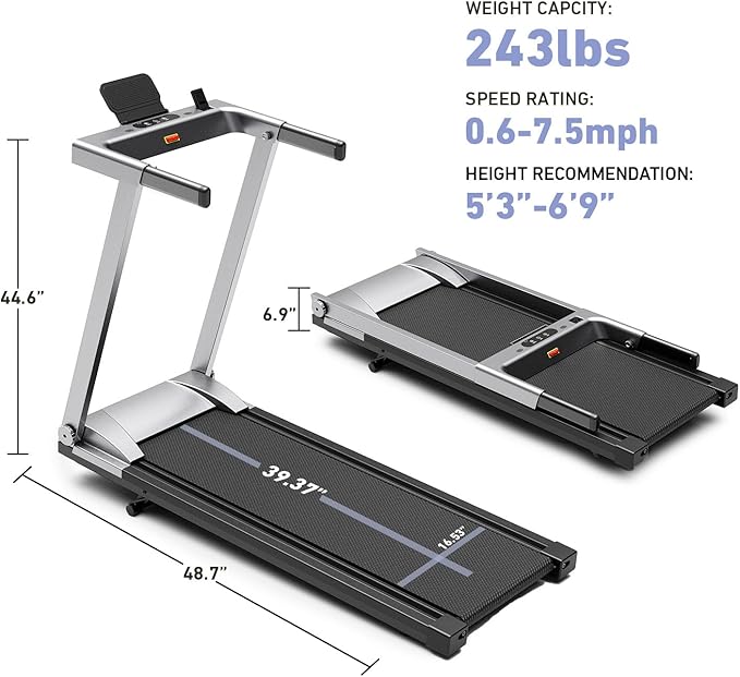 Treadmill with 5% Incline, 300lbs Capacity Folding 15 HP Small Treadmills for Home Portable Running Treadmill with Handles Quiet Brushless Dual Cushion System, Electric Compact Treadmil