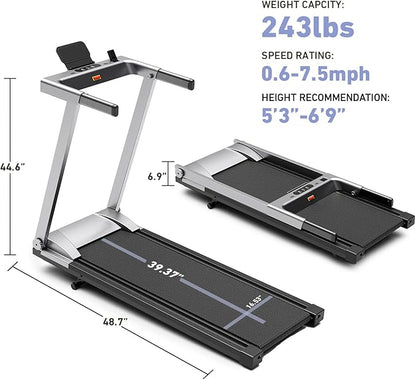 Treadmill with 5% Incline, 300lbs Capacity Folding 15 HP Small Treadmills for Home Portable Running Treadmill with Handles Quiet Brushless Dual Cushion System, Electric Compact Treadmil