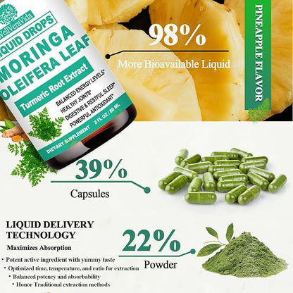2 Pack Organic Moringa Liquid Drops, Pure Moringa Oleifera Leaf Extract w. Turmeric, Black Pepper, Moringa for Activates AMPK & GLP-1, Antioxidant Skin Gut, Potency Than Moringa Capsules Powder