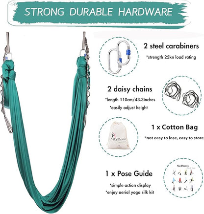5.5 Yards Aerial Silks Yoga Swing Set - Aerial Yoga Hammock Kit Anti-Gravity Flying for Fitness, Low/Non Stretch Nylon Tricot Fabric Hardware Included for Dance