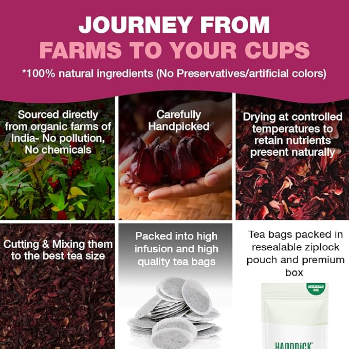 HANDPICK, Organic Hibiscus Tea Bags (100 Tea Bags) | Caffeine-Free, 100% Natural Pure Indian Hibiscus Flowers | Ayurvedic Benefits in every sip