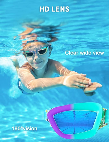 Kids Swim Goggles, Swimming Goggles for Kids with Nose Clip, Earplugs, Nose Bridge for Age 3-15