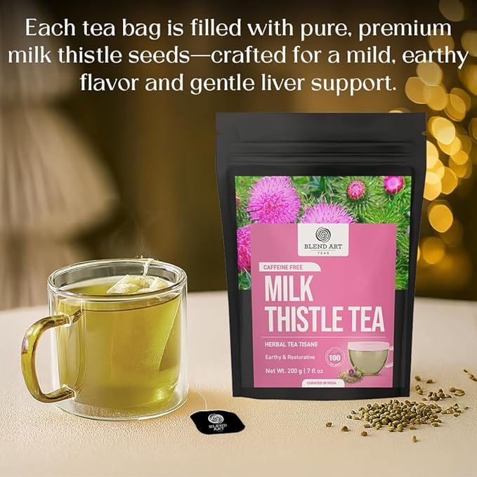 BlendArt Teas - Milk Thistle Seeds Herbal Tea - 100 Count - Pyramid Tea Bag | For Liver Detox support | Reduce inflammation | Refreshing Peppermint with lemon flavour - Caffeine Free | Ziplock Pouch