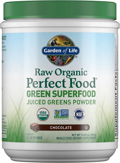 Garden of Life Raw Organic Perfect Food Green Superfood Juiced Greens Powder - Chocolate, 30 Servings - Non-GMO, Gluten Free, Vegan Whole Food Dietary Supplement, Plus Probiotics & Enzymes