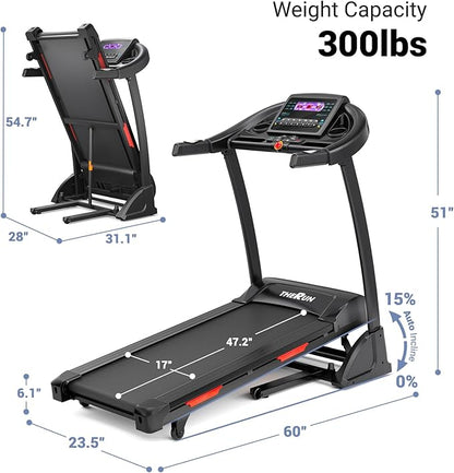 THERUN Incline Treadmill for Running and Walking, 300 lbs Weight Capacity Folding Treadmill with 0-15% Auto Incline, Wide Belt, 3.5HP, App, Heart Rate