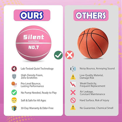 2025 Upgraded Silent Basketball Size 7 - Indoor Noiseless Airless Foam Basketball, Quiet Dribble Dream Training Ball with Soft Soundless Bounce-Pink